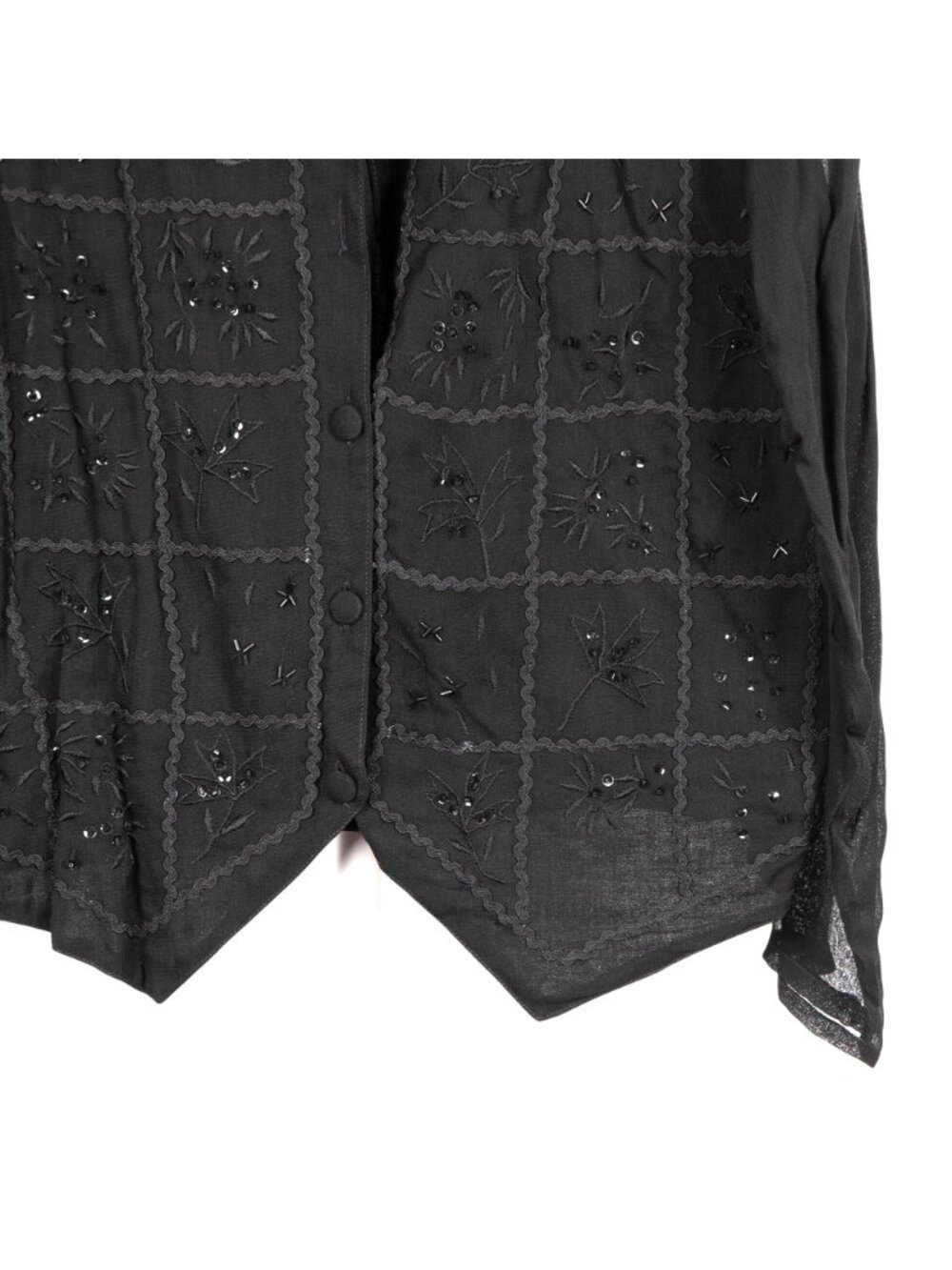 Beaded Button Up Blouse VTG Black Boho Hippie Fairy Whimsigoth Indie RicRac - Picture 3 of 9
